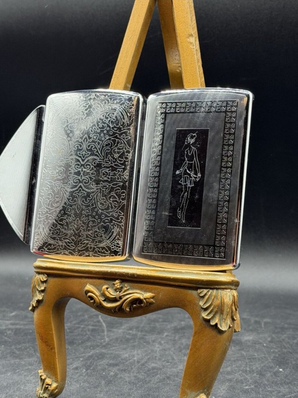 Flapper Metal Case Box Holder & Mirror Unique Latch Etched